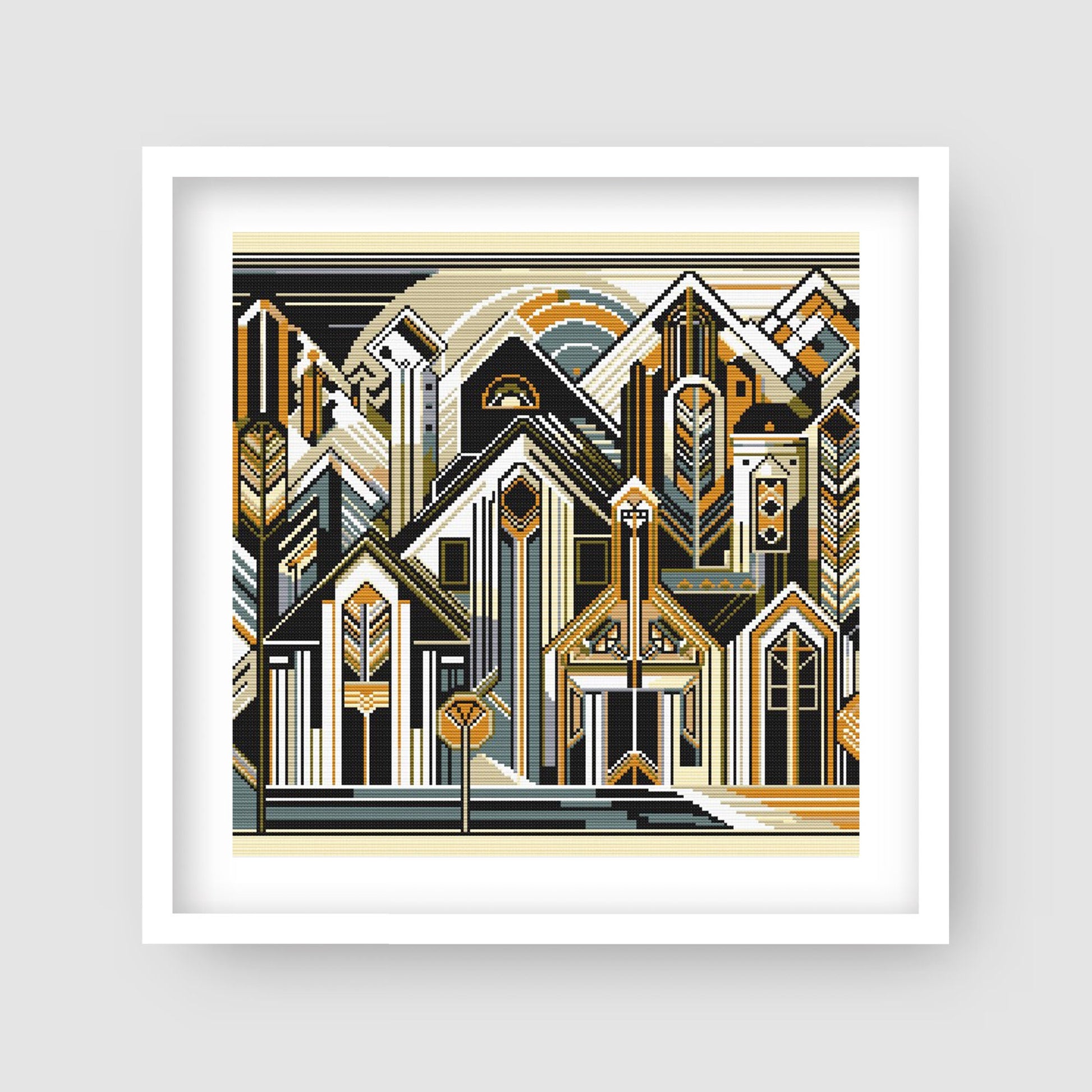 Framed art print of geometric architectural design with gold, black, and white colors on a gray background.