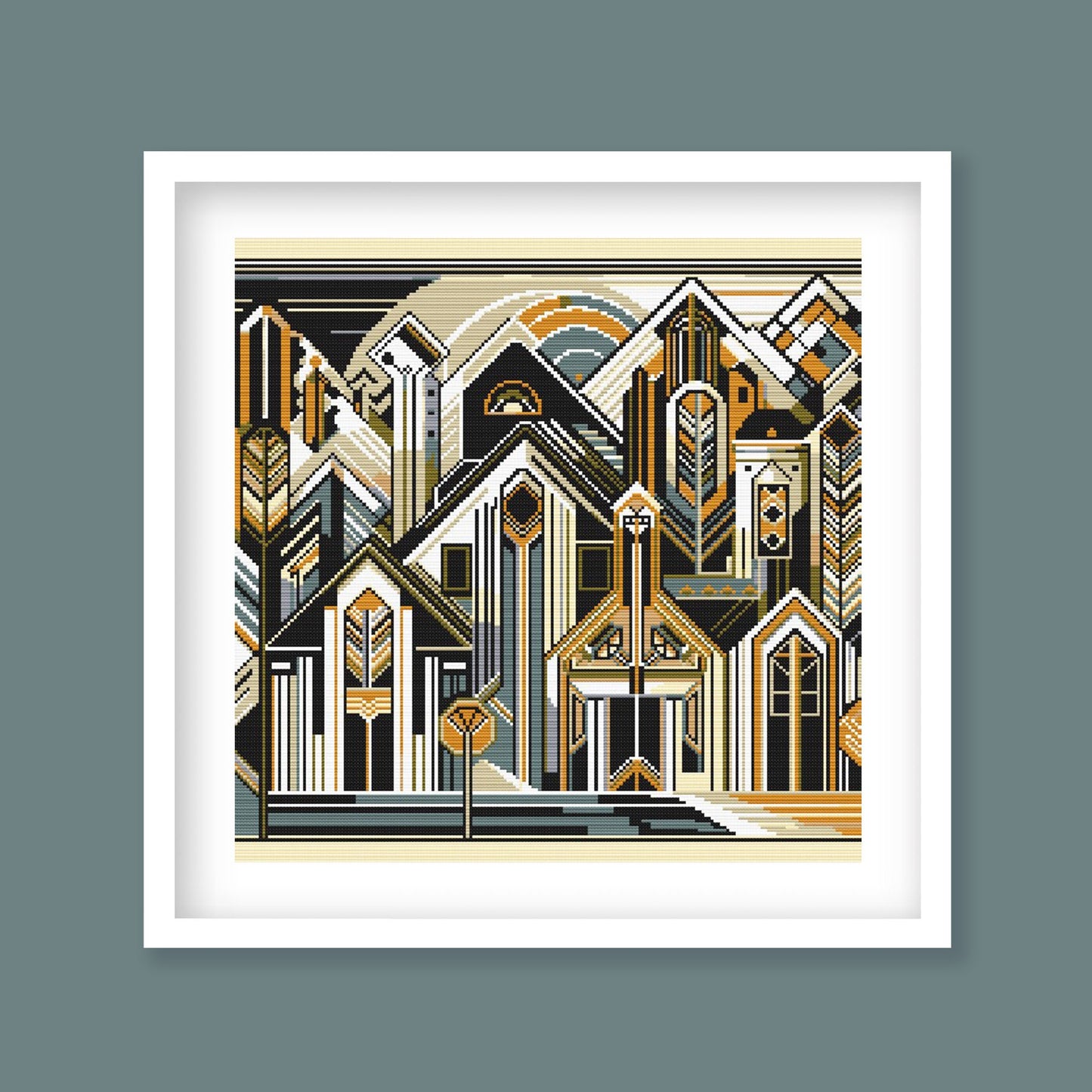 Urban Geometry Cross Stitch Pattern displayed in a white frame with clean architectural lines, structured shapes, and modern cityscape detail.