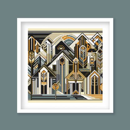 Urban Geometry Cross Stitch Pattern displayed in a white frame with clean architectural lines, structured shapes, and modern cityscape detail.