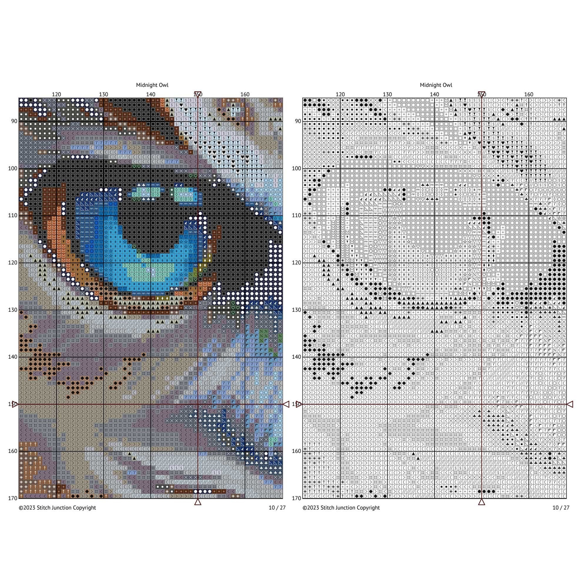 Cross-stitch pattern for a detailed eye design with a grid on a white background a digital download PDF