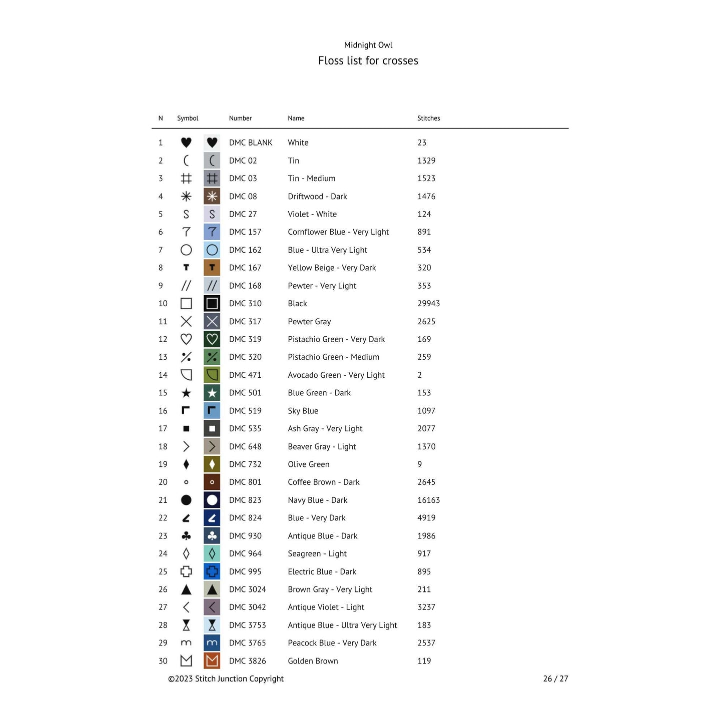 Floss list for crosses with DMC brand colors and numbers on a white background