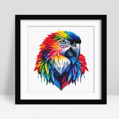 Framed artwork of a colorful parrot head on a white background