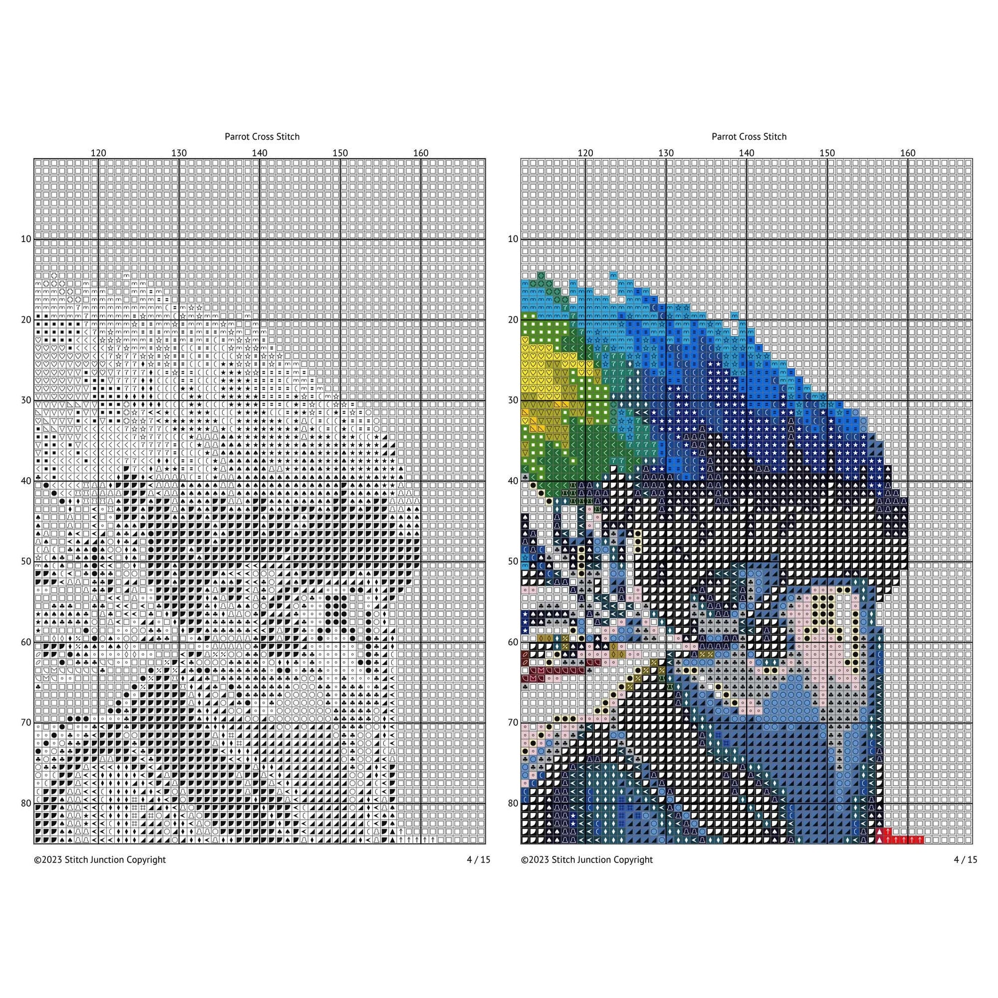 Cross-stitch pattern for a parrot with grid lines on a white background
