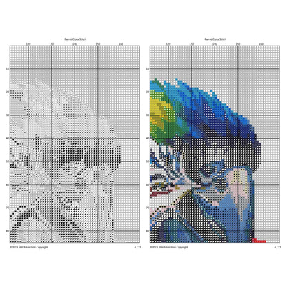 Cross-stitch pattern for a parrot with grid lines on a white background