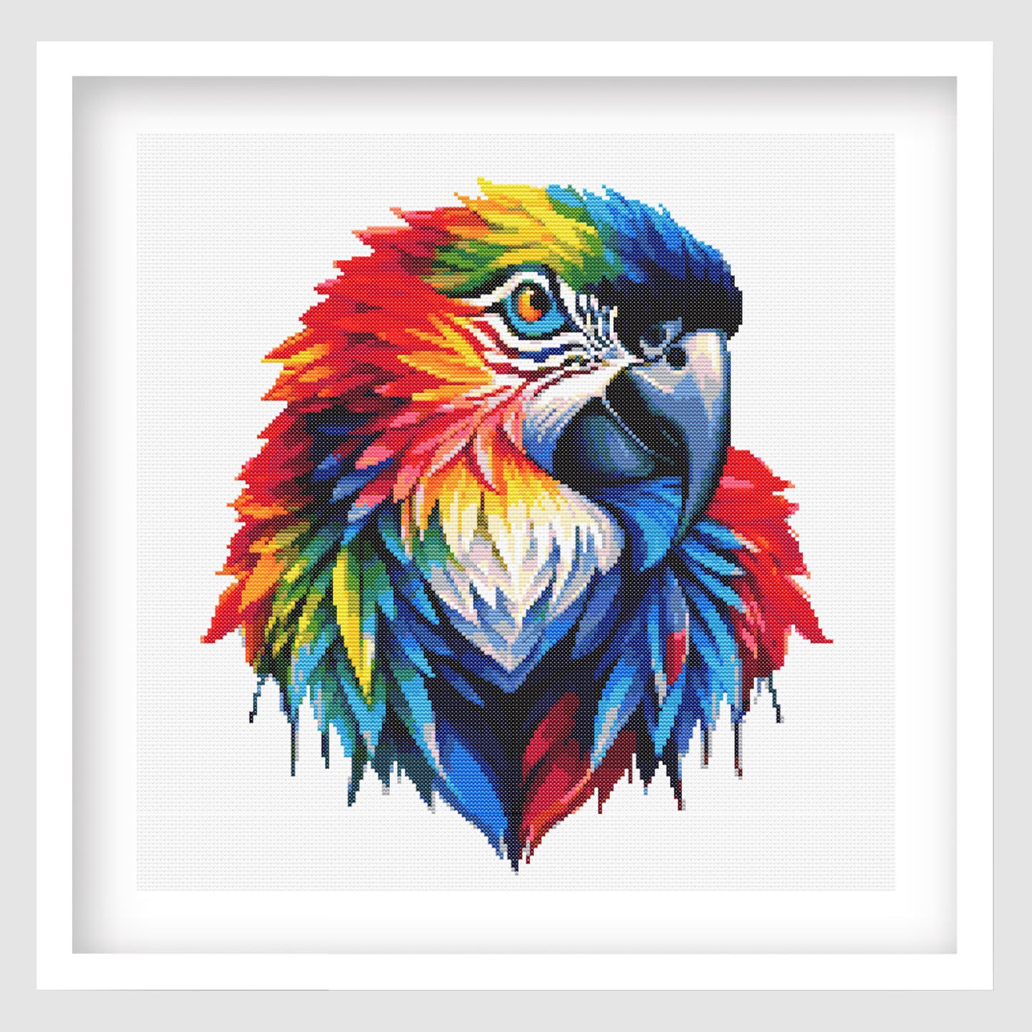 Colorful parrot illustration in a diamond painting style on a white background