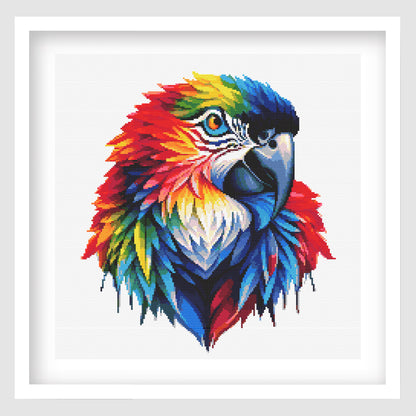 Colorful parrot illustration in a diamond painting style on a white background