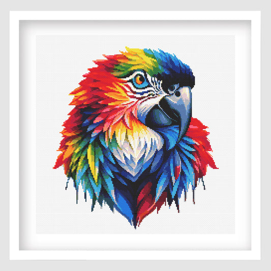 Colorful parrot illustration in a diamond painting style on a white background