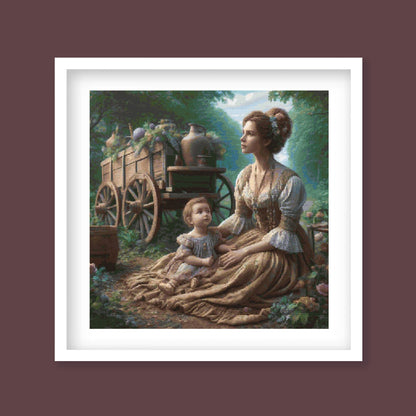 Victorian Garden Cross Stitch Pattern displayed as framed wall art with a seated woman, child, garden path, vintage cart, and classic cottage garden detail.