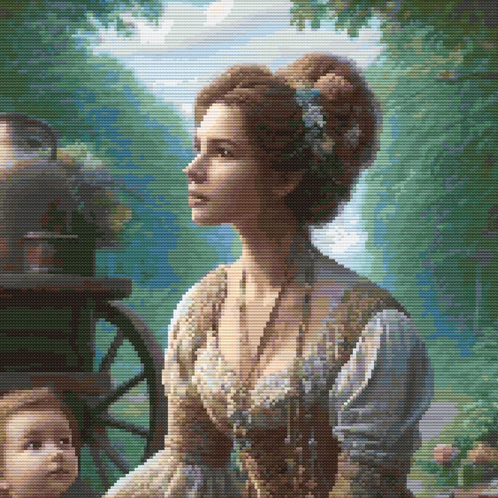 Close-up of Victorian Garden Cross Stitch Pattern showing a seated woman, child, period clothing, garden background, and visible counted cross stitch texture.
