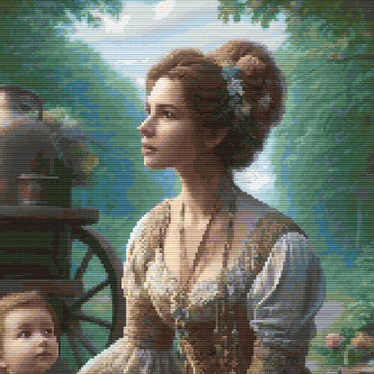 Close-up of Victorian Garden Cross Stitch Pattern showing a seated woman, child, period clothing, garden background, and visible counted cross stitch texture.