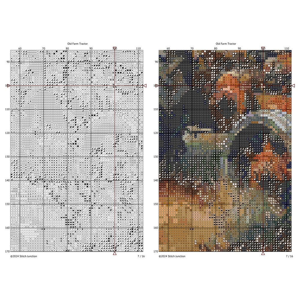 Vintage Farm Tractor Cross Stitch Pattern chart preview with colour symbols and black-and-white symbol chart for a printable digital PDF pattern.