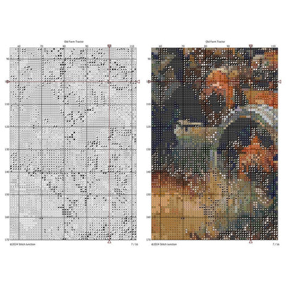 Vintage Farm Tractor Cross Stitch Pattern chart preview with colour symbols and black-and-white symbol chart for a printable digital PDF pattern.