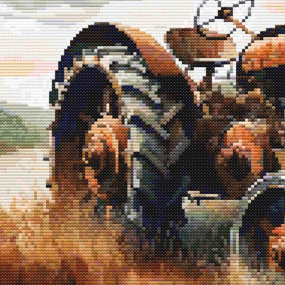 Close-up of Vintage Farm Tractor Cross Stitch Pattern showing the tractor wheel, rusty metal texture, and detailed countryside stitching.