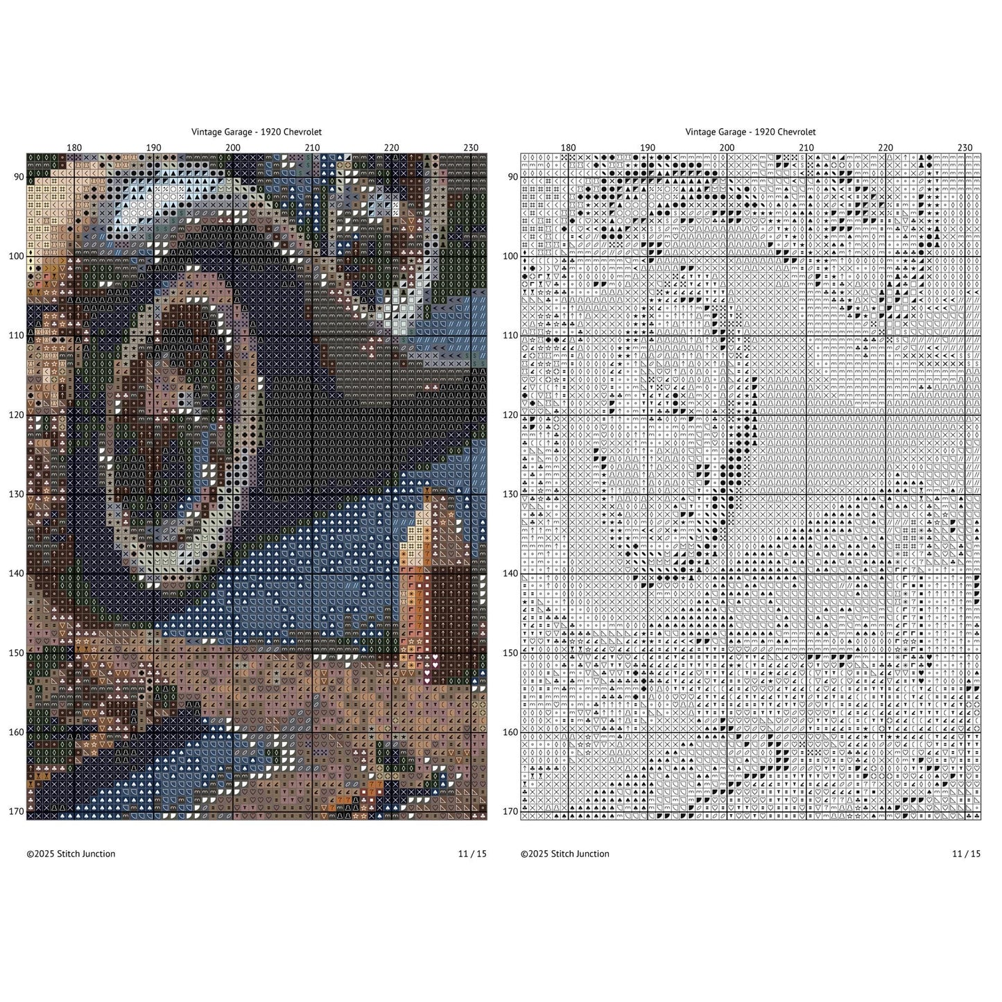 Vintage Garage Cross Stitch Pattern digital download chart preview with colour symbols and black-and-white symbol chart for printable counted cross stitch.