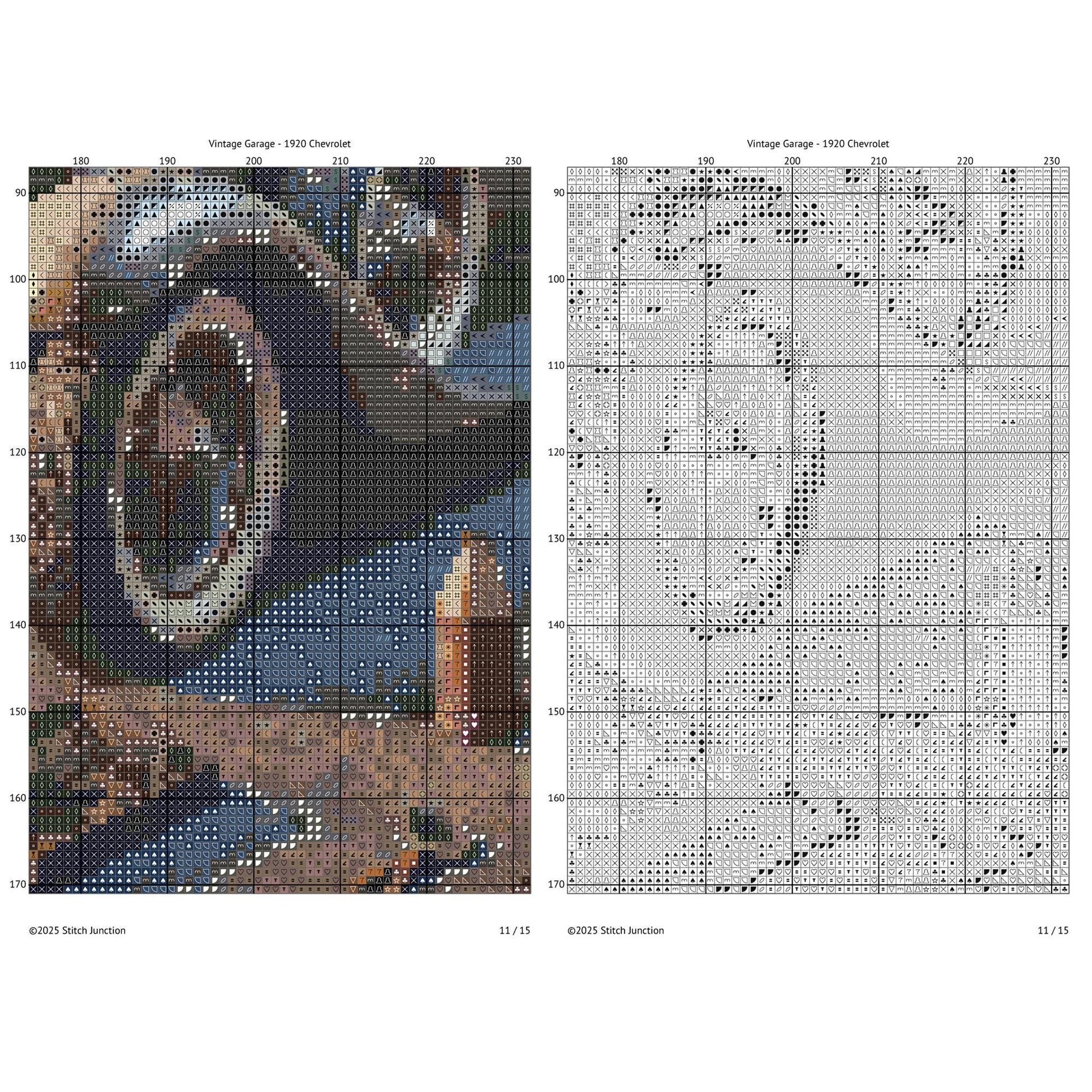 Vintage Garage Cross Stitch Pattern digital download chart preview with colour symbols and black-and-white symbol chart for printable counted cross stitch.