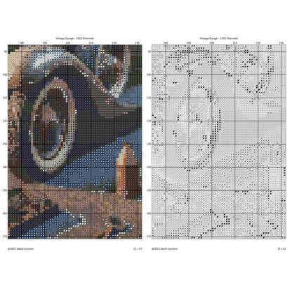 Vintage Garage Cross Stitch Pattern digital download chart preview with colour symbols and black-and-white symbol chart for printable counted cross stitch.