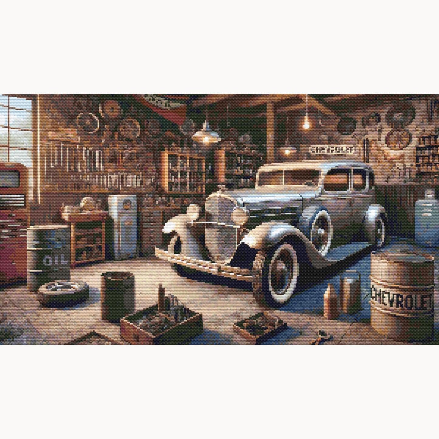 Vintage Garage Cross Stitch Pattern featuring a classic car inside an old garage with tools, workshop shelves, and vintage vehicle detail.