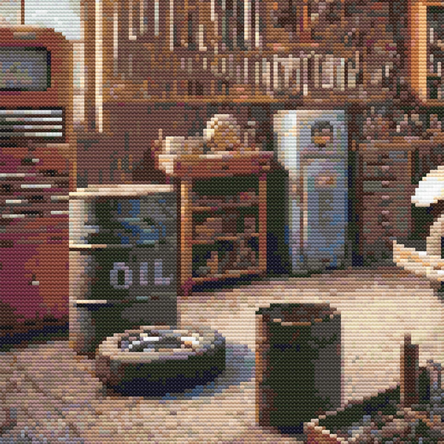 Close-up of Vintage Garage Cross Stitch Pattern showing vintage workshop shelves, oil cans, tools, and retro garage decor detail.