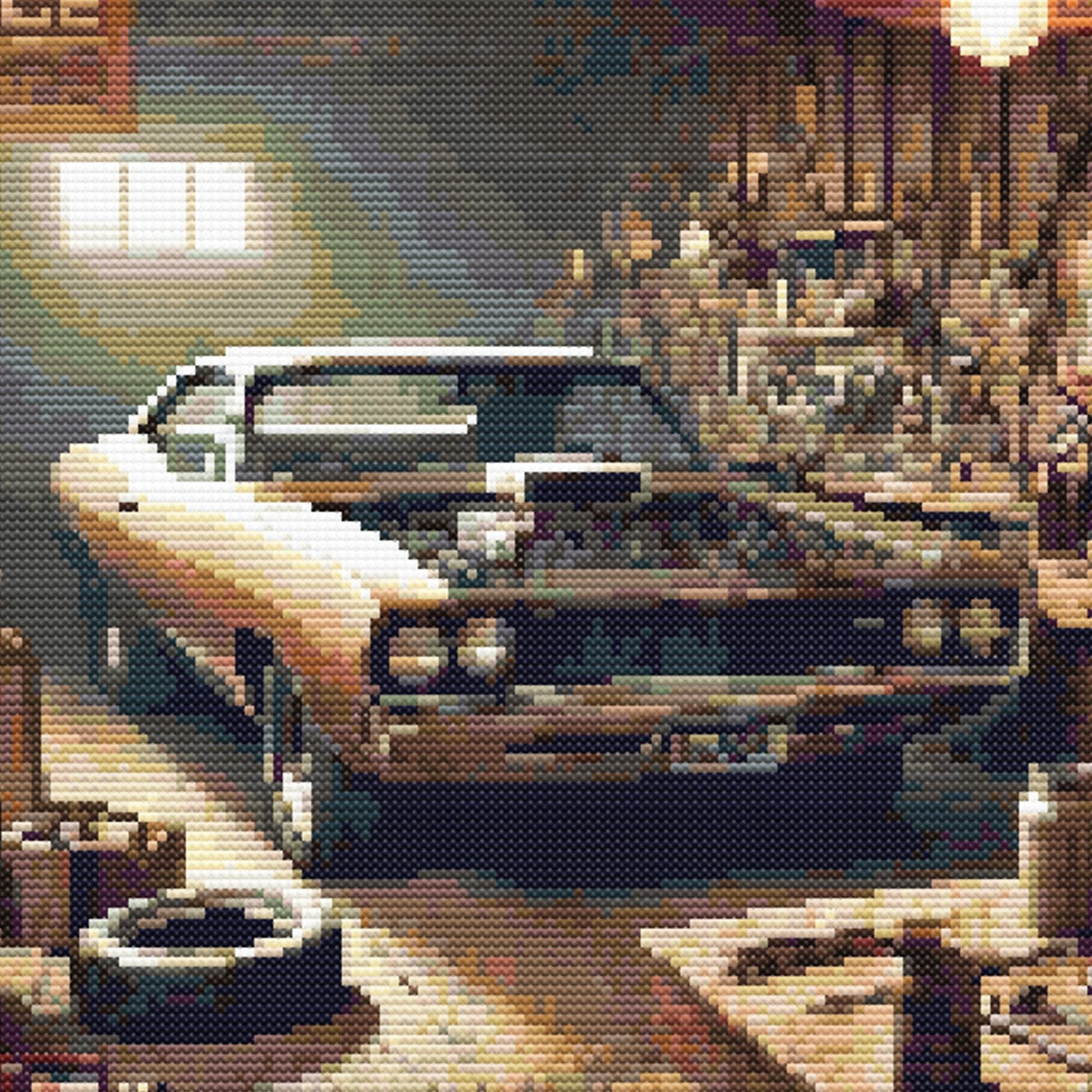Close-up of Vintage Muscle Car Garage Cross Stitch Pattern showing the classic car, garage lighting, tool shelves, and visible counted cross stitch texture.