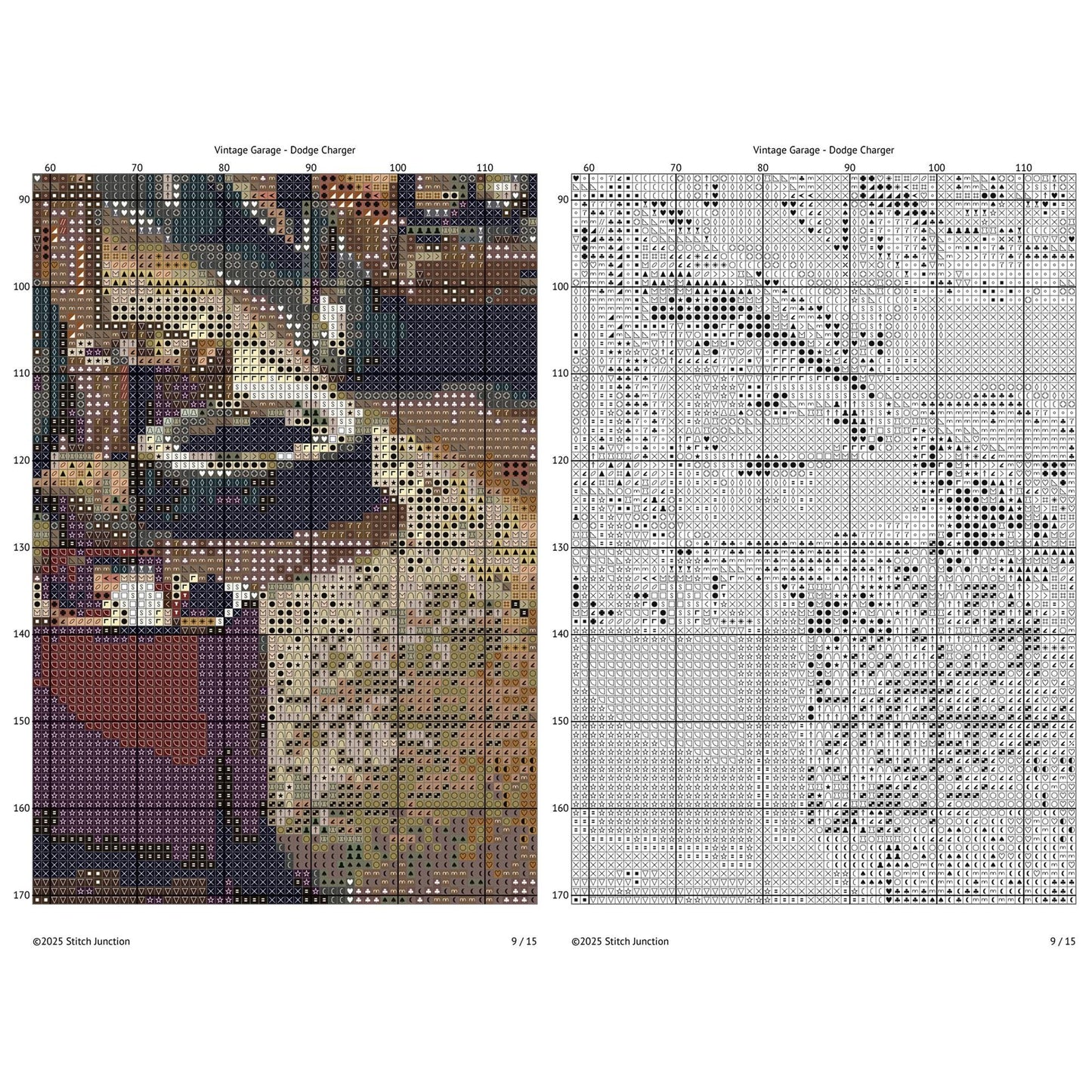 Vintage Muscle Car Garage Cross Stitch Pattern digital download chart preview with colour symbols and black-and-white symbol chart for printable counted cross stitch.