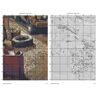 Vintage Muscle Car Garage Cross Stitch Pattern digital download chart preview with colour symbols and black-and-white symbol chart for printable counted cross stitch.
