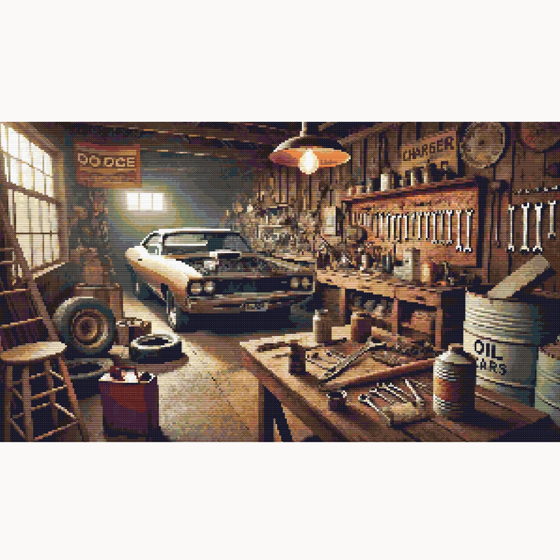 Vintage Muscle Car Garage Cross Stitch Pattern featuring a classic muscle car inside a retro workshop with tools, shelves, and warm garage lighting.