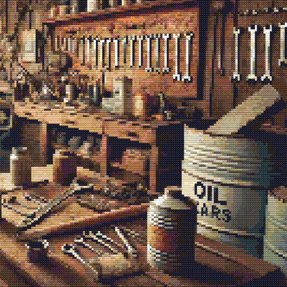 Close-up of Vintage Muscle Car Garage Cross Stitch Pattern showing workshop shelves, tools, barrels, and vintage garage decor detail.