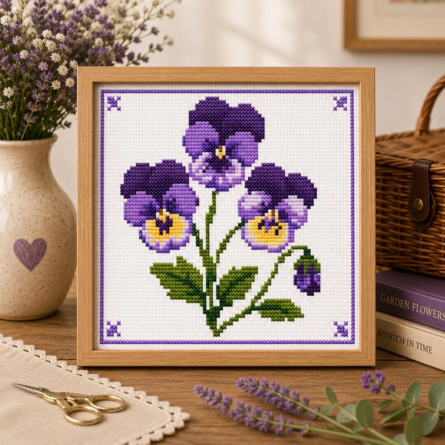Viola cross stitch pattern displayed as framed wall art on a cosy craft table with scissors, lavender and books.