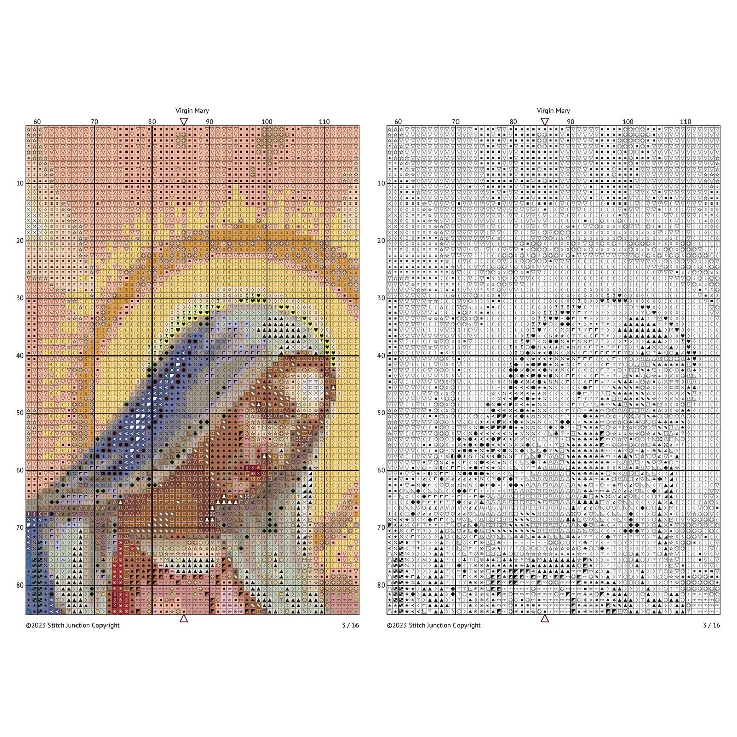 Virgin Mary cross stitch chart preview with colour symbols and black-and-white symbol chart for counted cross stitch.