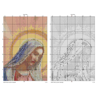 Virgin Mary cross stitch chart preview with colour symbols and black-and-white symbol chart for counted cross stitch.