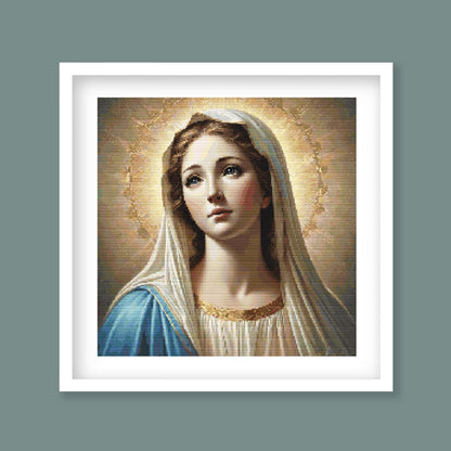 Virgin Mary Cross Stitch Pattern displayed in a green frame as religious wall art with Mother Mary, halo detail, and soft devotional colour.