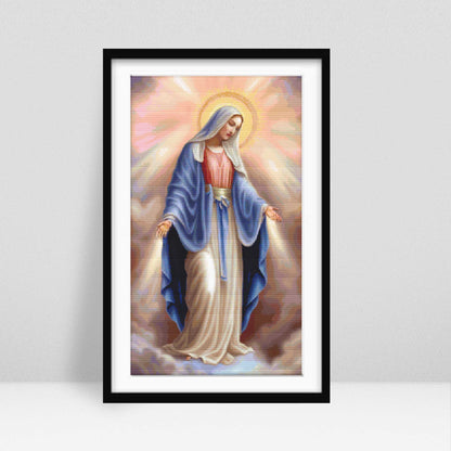 Virgin Mary cross stitch pattern displayed in a black frame as elegant religious wall art for Christian home decor.