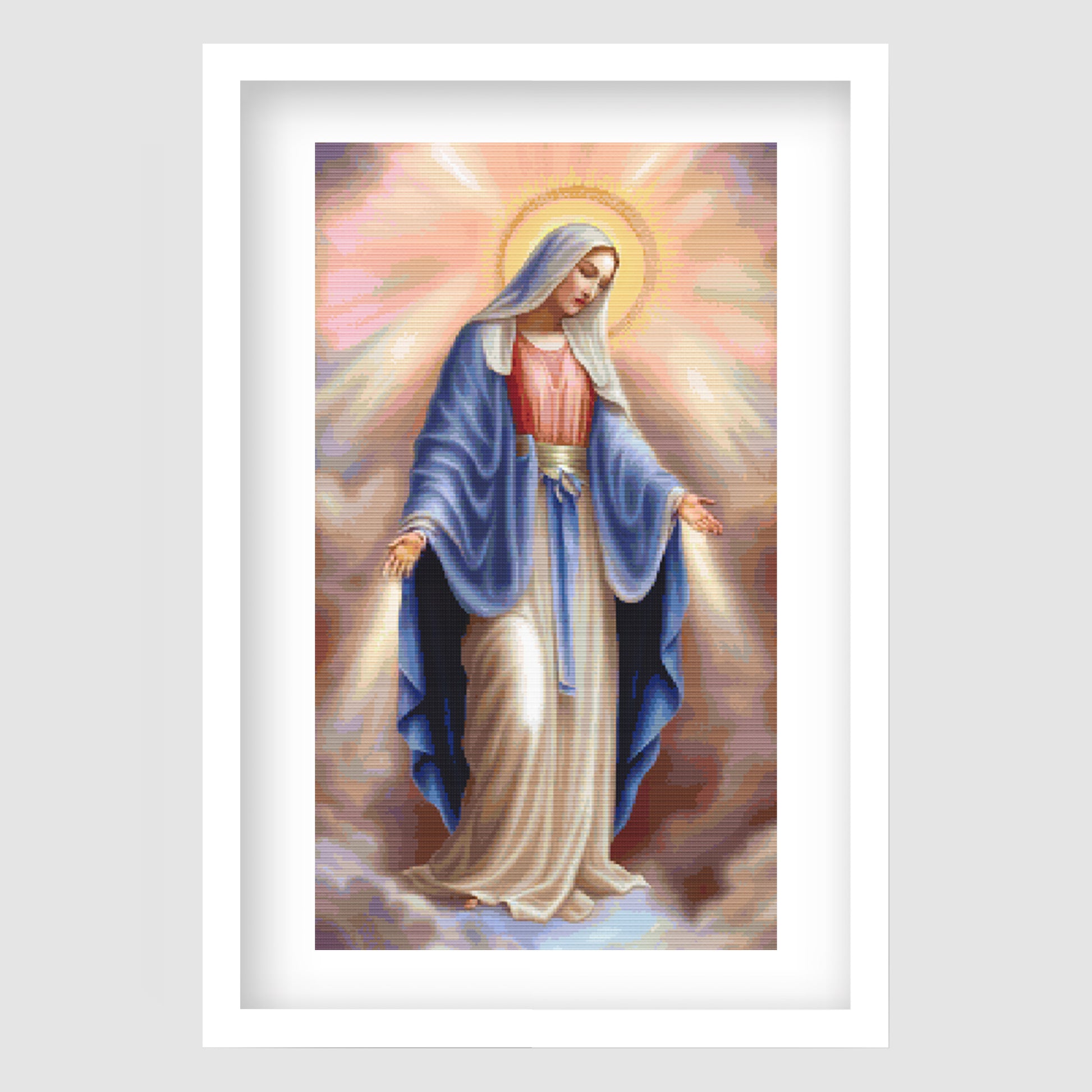 Virgin Mary cross stitch pattern featuring Mother Mary with a glowing halo, flowing blue robe, and peaceful Christian embroidery design.