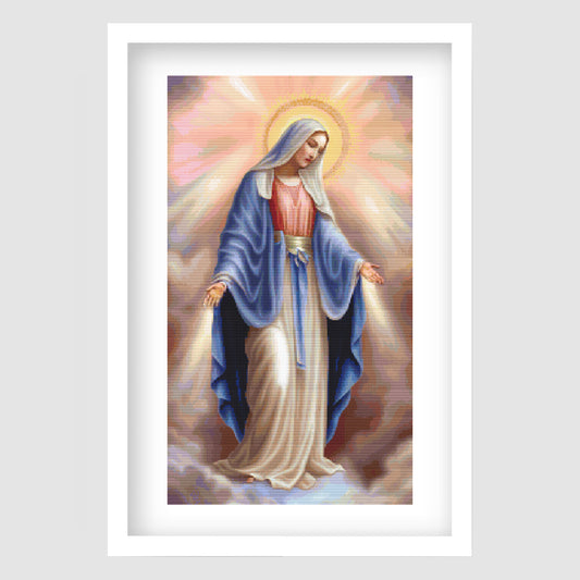 Virgin Mary cross stitch pattern featuring Mother Mary with a glowing halo, flowing blue robe, and peaceful Christian embroidery design.
