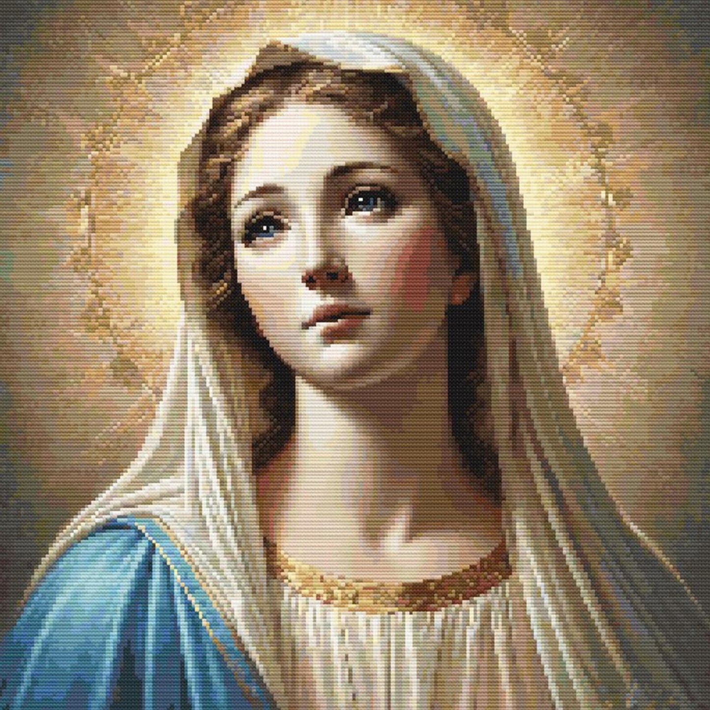 Virgin Mary Cross Stitch Pattern featuring Mother Mary with a soft halo, blue veil, warm neutral tones, and faith-inspired wall art detail.