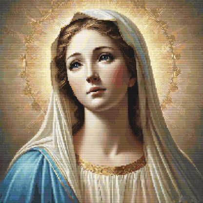 Virgin Mary Cross Stitch Pattern featuring Mother Mary with a soft halo, blue veil, warm neutral tones, and faith-inspired wall art detail.