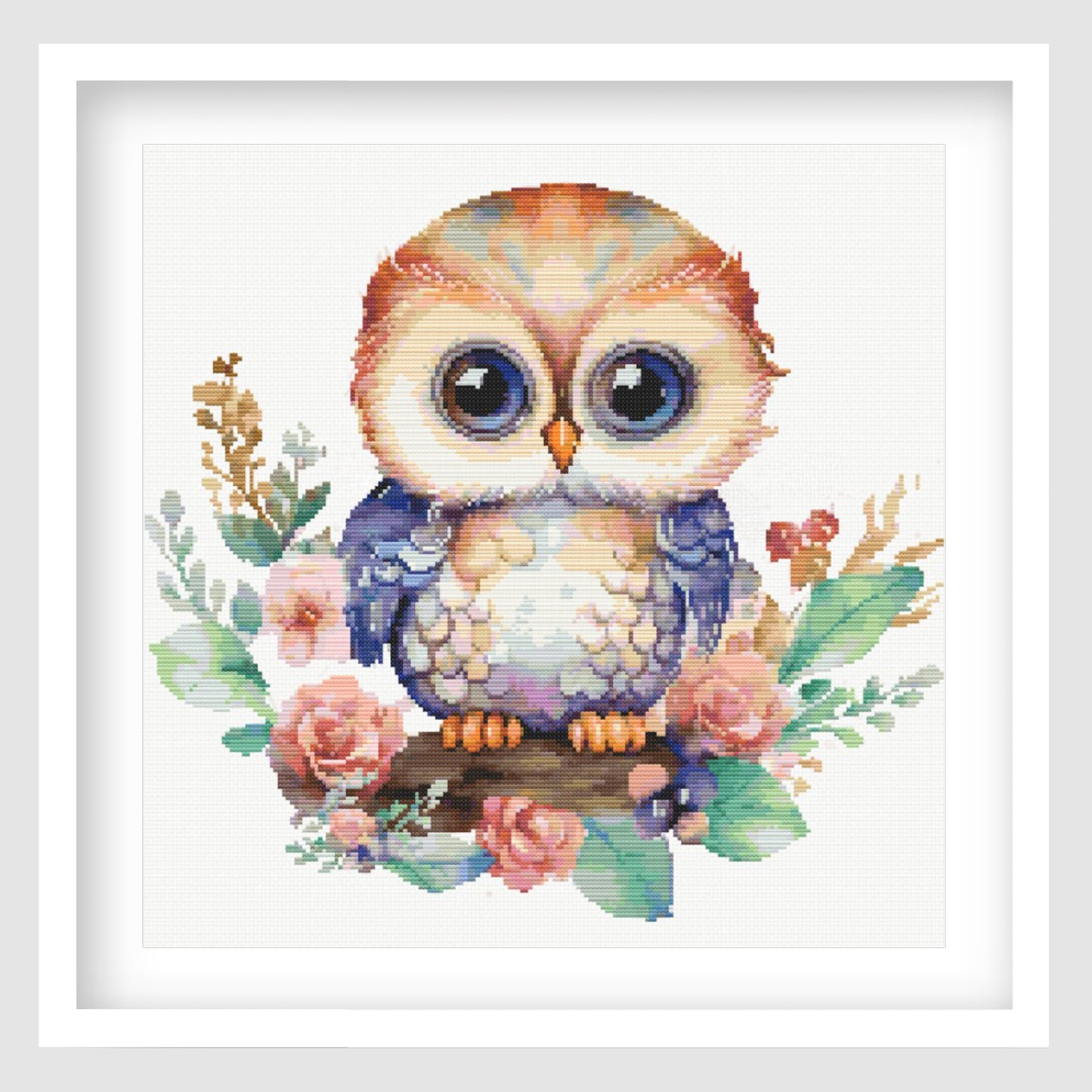 Cute owl cross stitch pattern featuring a big-eyed owl perched on a branch, surrounded by soft pink flowers, leaves and pastel botanical details.
