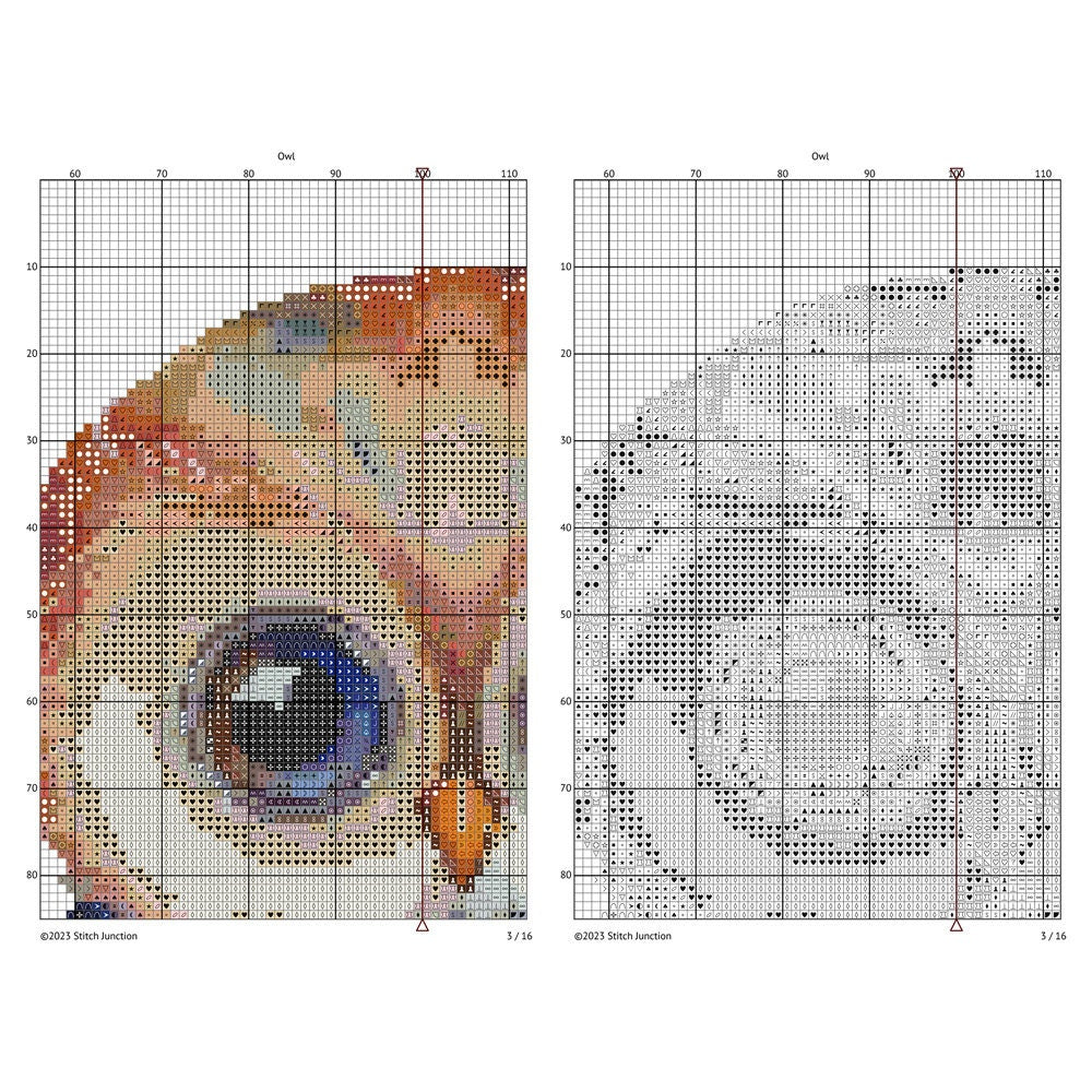 Whimsical Owl Cross Stitch Pattern digital download chart preview with colour symbols and black-and-white symbol chart for printable counted cross stitch.