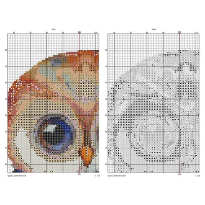 Whimsical Owl Cross Stitch Pattern digital download chart preview with colour symbols and black-and-white symbol chart for printable counted cross stitch.