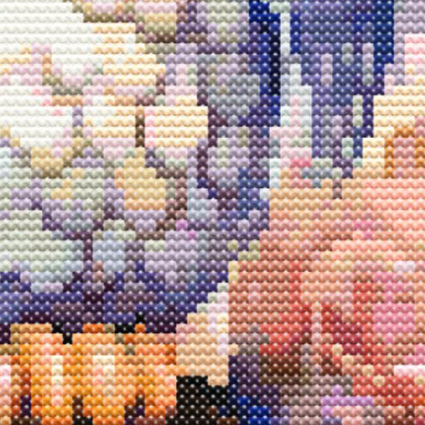 Close-up of Whimsical Owl Cross Stitch Pattern showing owl feather texture, pastel floral colours, and detailed stitch work.