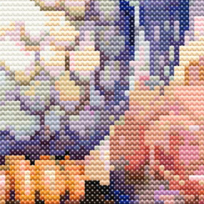 Close-up of Whimsical Owl Cross Stitch Pattern showing owl feather texture, pastel floral colours, and detailed stitch work.
