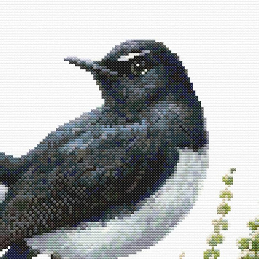Close-up of Willie Wagtail Bird Cross Stitch Pattern featuring the bird’s black-and-white markings, eye detail, and textured stitching.