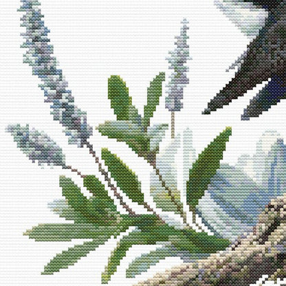 Close-up of Willie Wagtail Bird Cross Stitch Pattern featuring the bird’s black-and-white markings, eye detail, and textured stitching.