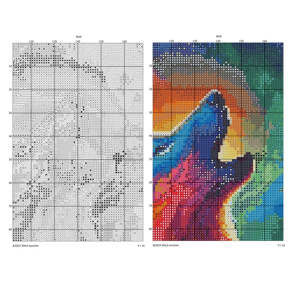 Wolf cross stitch chart preview with colour symbols and black-and-white symbol chart for counted cross stitch.