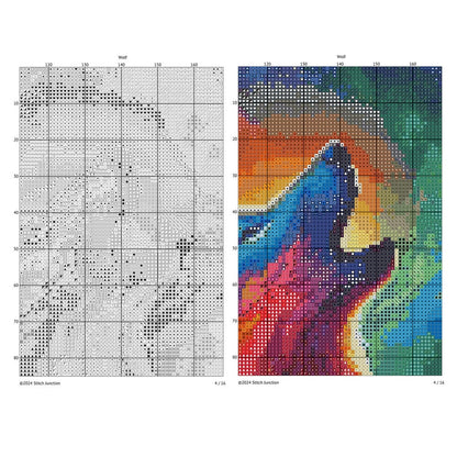 Wolf cross stitch chart preview with colour symbols and black-and-white symbol chart for counted cross stitch.