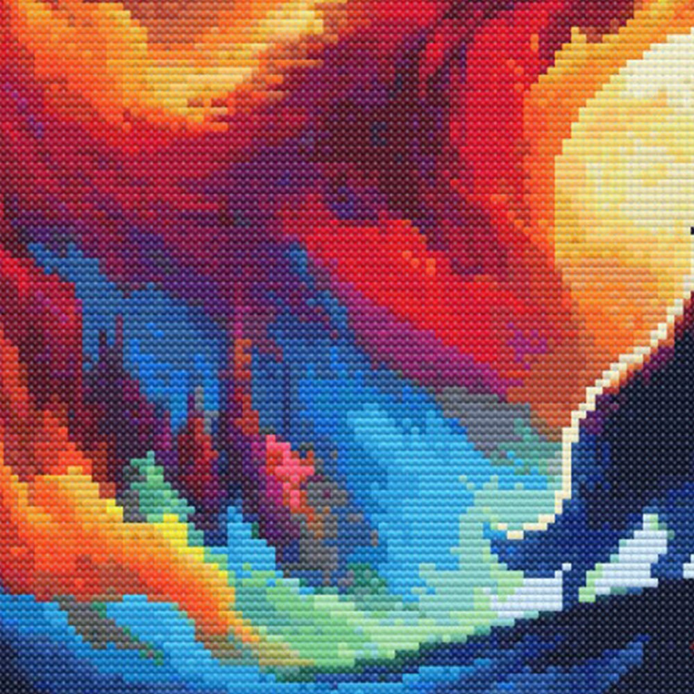 Howling wolf cross stitch pattern featuring a bright moonlit scene, vibrant orange sky, and bold wildlife embroidery style.