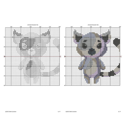 Cute Woodland Animal Cross Stitch Pattern digital download chart preview with colour symbols and black-and-white symbol chart for printable counted cross stitch.