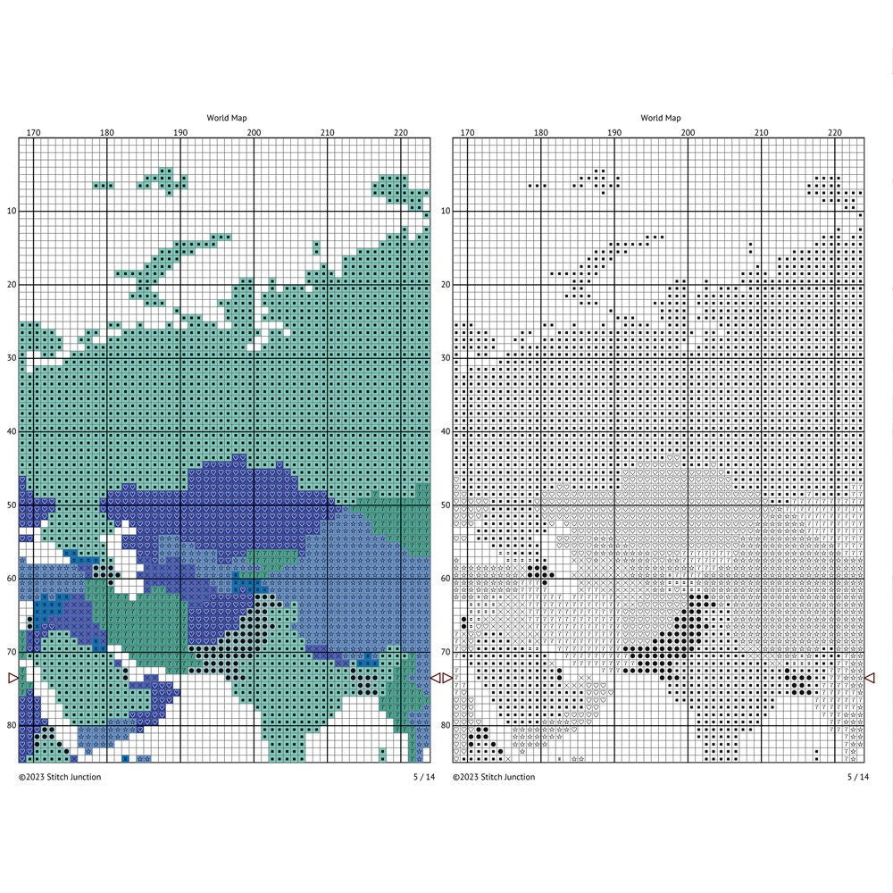World Map Cross Stitch Pattern digital download chart preview with colour symbols and black-and-white symbol chart for printable counted cross stitch.