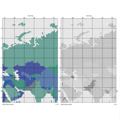 World Map Cross Stitch Pattern digital download chart preview with colour symbols and black-and-white symbol chart for printable counted cross stitch.