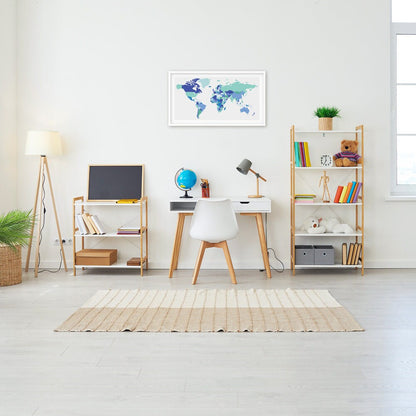World Map Cross Stitch Pattern shown in a kids room preview as educational travel-inspired wall art above a desk.